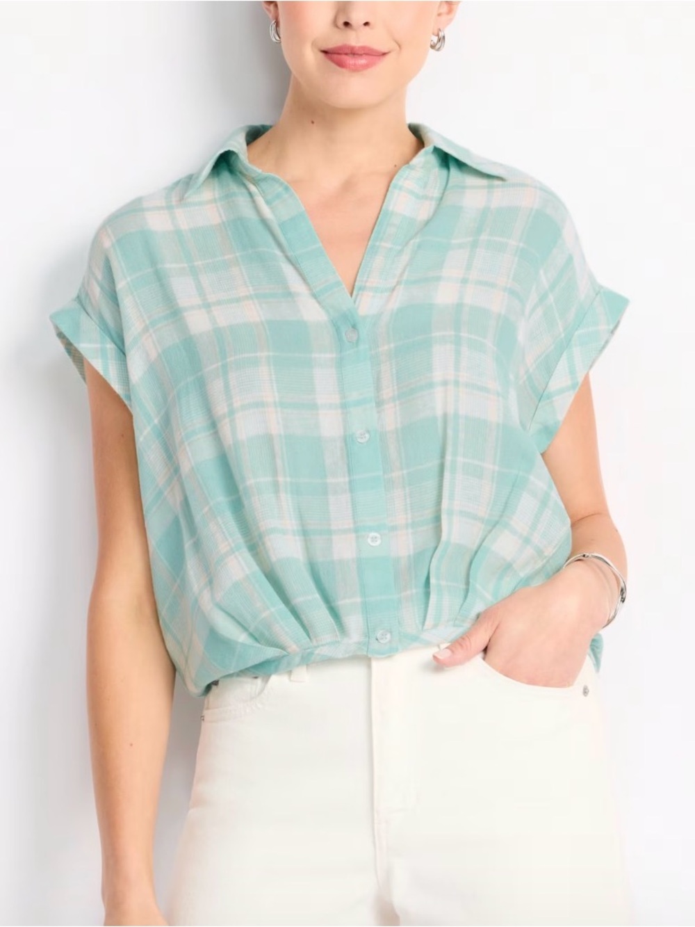Kut from the Kloth Vega Plaid Button Front Top Mint Green – Size Small
